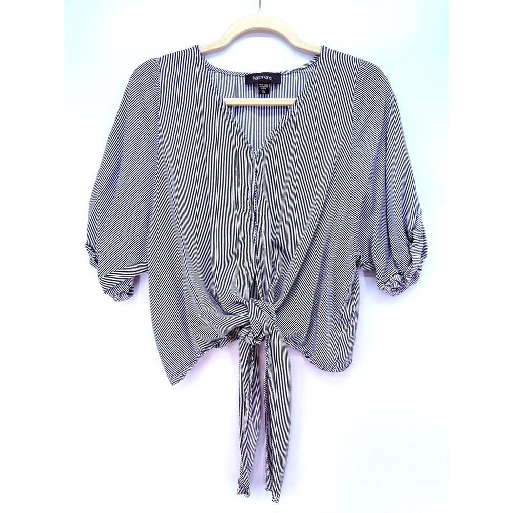 Womens Navy White Pinstripe Tie Front Blouse XL Preppy Resort Cottagecore Summer